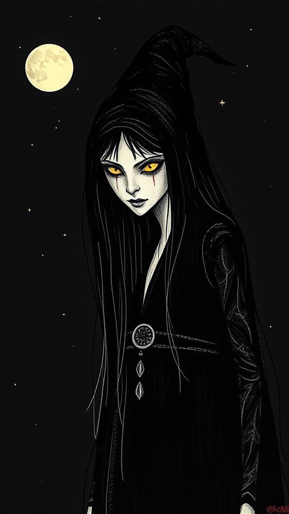 Eerie Witch Portrait in Minimalist Line Art