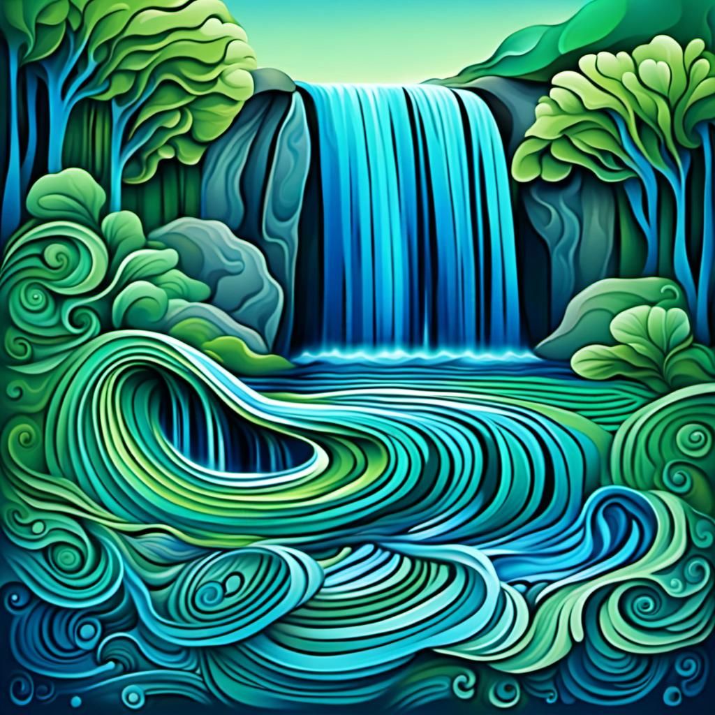 Vibrant Waterfall in Abstract Zentangle Style