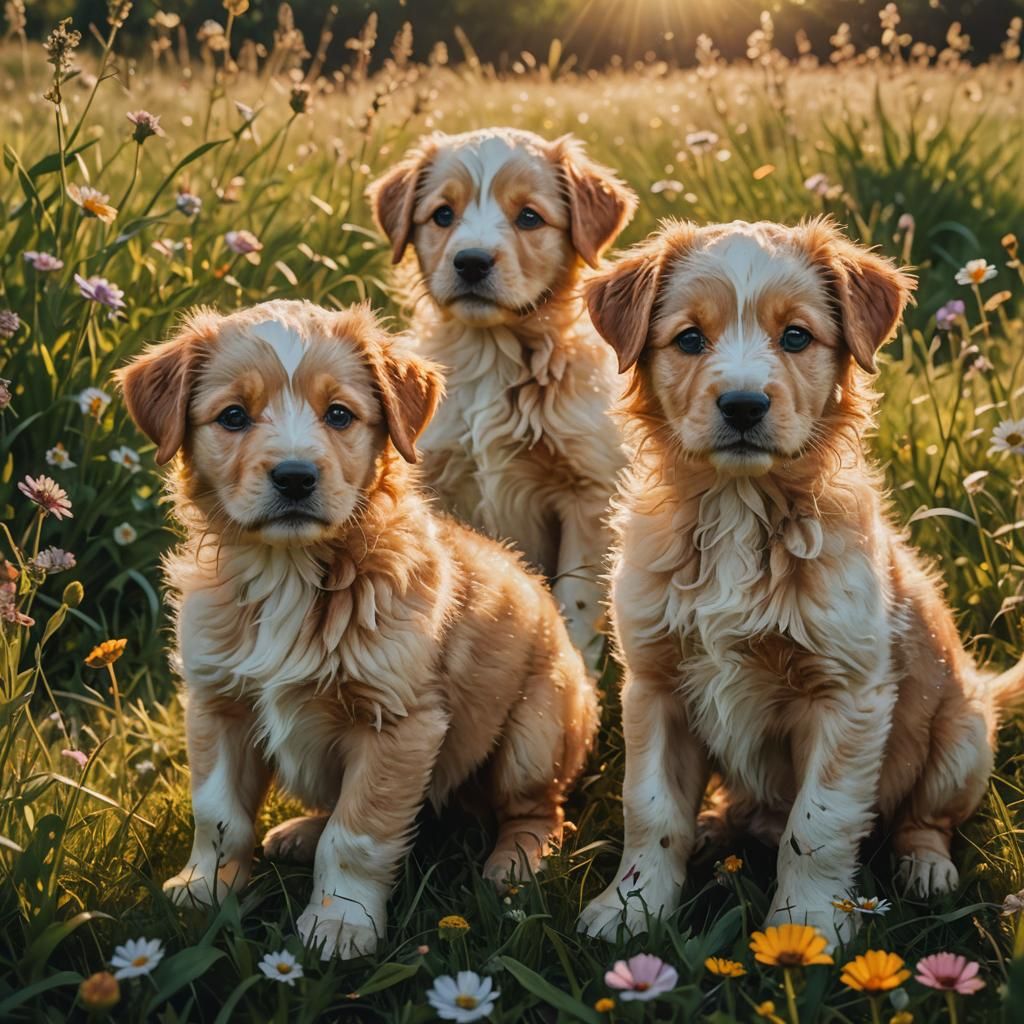 Puppies Playing in Meadow: Hyperrealistic Splash Art
