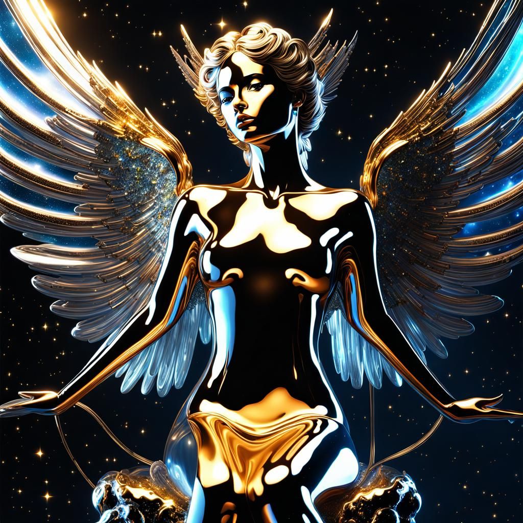 Liquid Chrome Angel in Cosmic Sci-Fi Splash Art