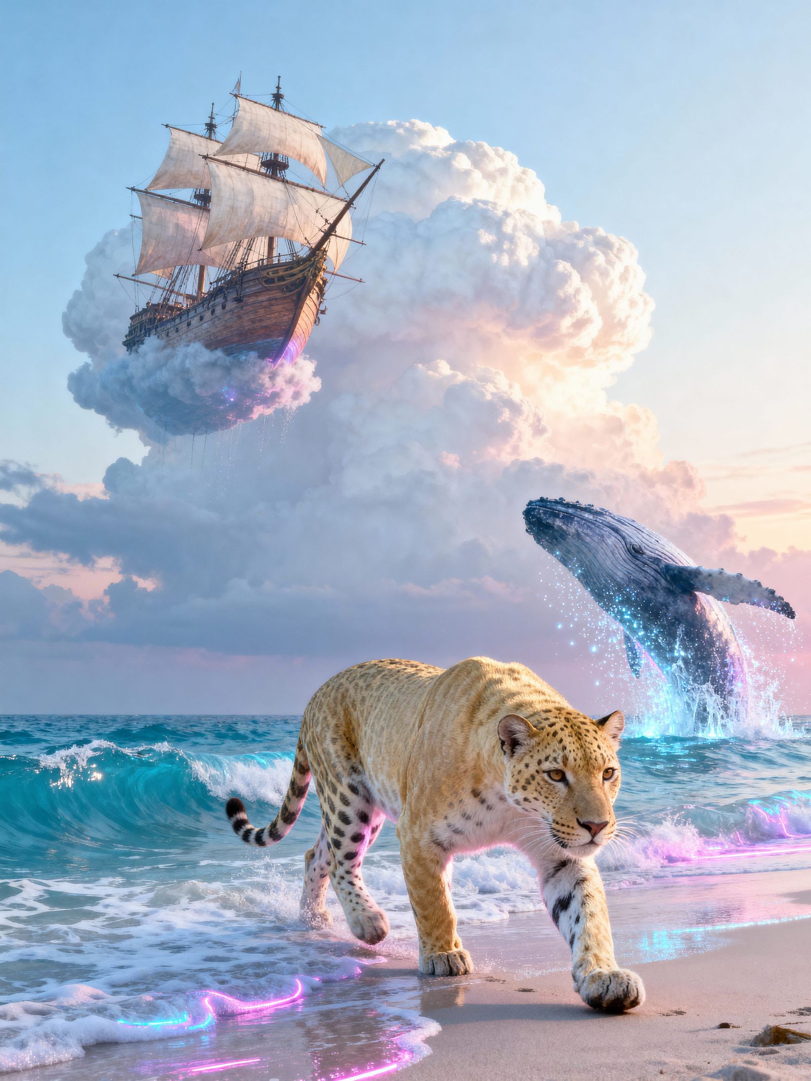 Jaguar on Beach with Floating Galleon, Pastel & Neon