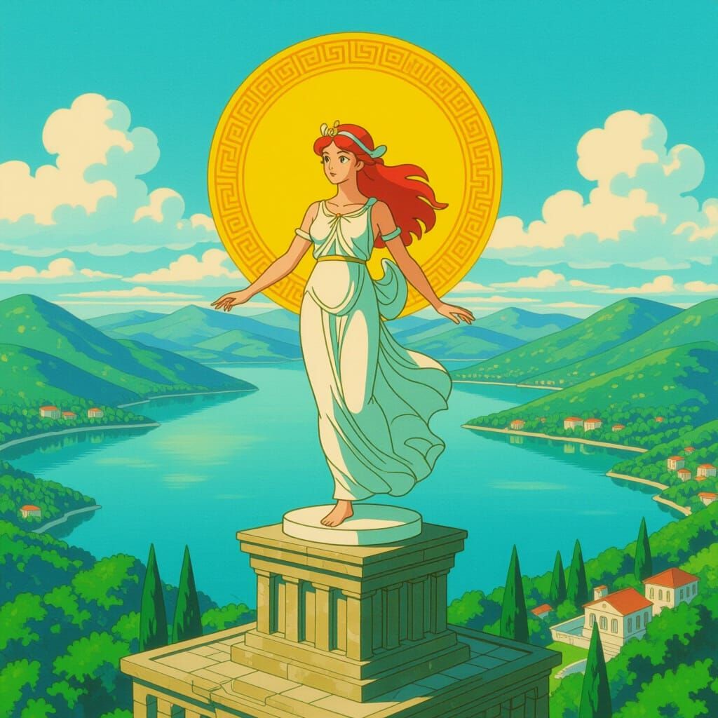 Greek Goddess Seal Floats on Lake, Ghibli Style