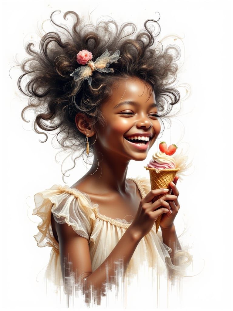Girl Enjoying Ice Cream in Mechanical Drafting Style
