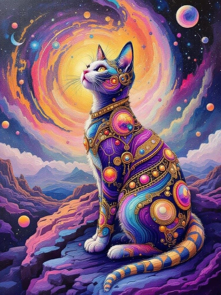 Vibrant Psychedelic Sci-Fi Feline in a Hyperrealistic Oil Pa...