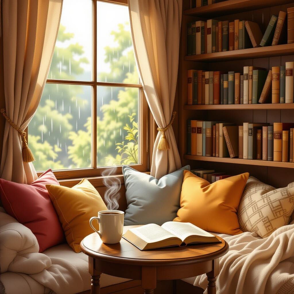 Cozy Reading Nook Bathed in Golden Light