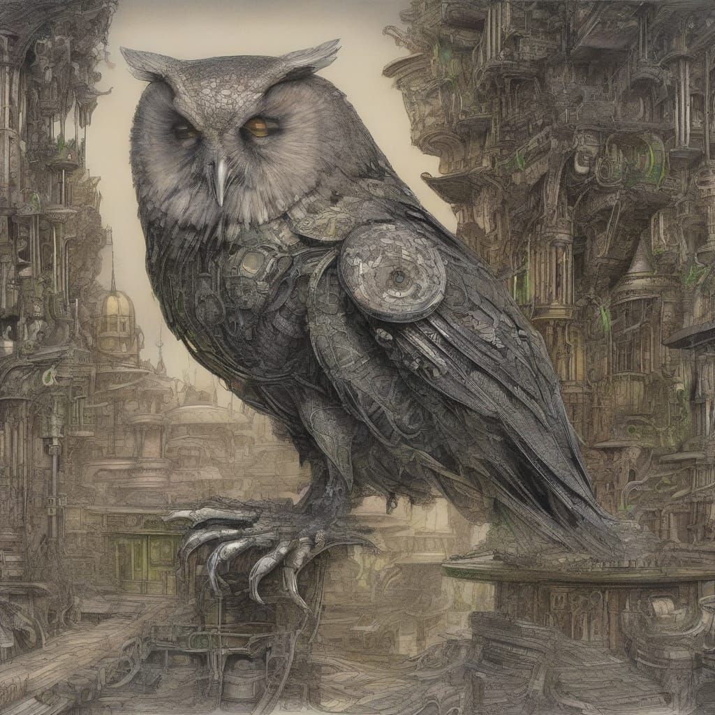 Clockwork Owl on Automaton Arm in Victorian Workshop