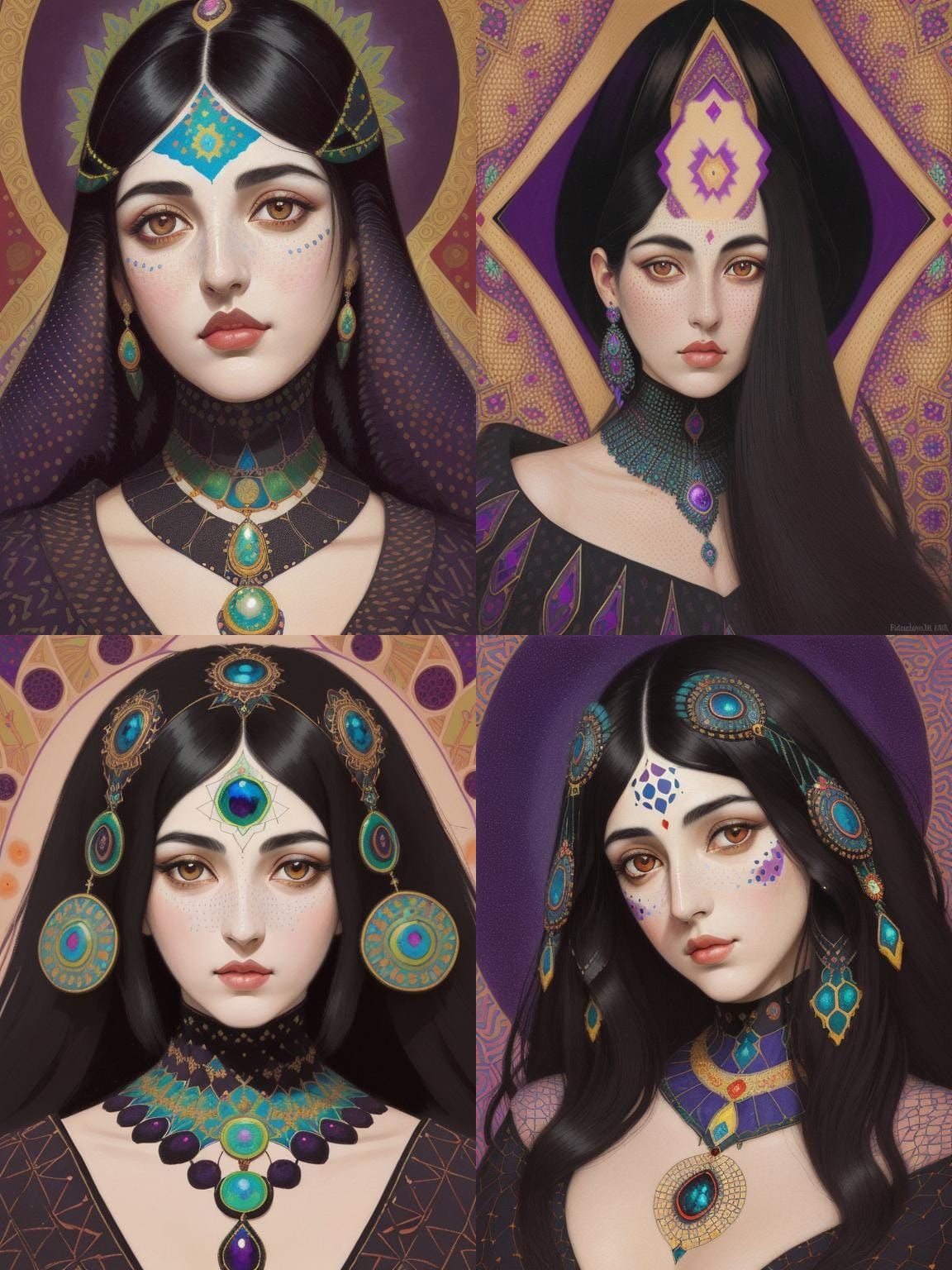 Jewel-Toned Pointillist Portrait of Dark-Haired Woman