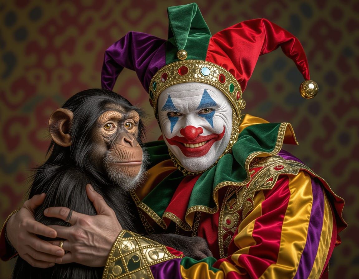 Medieval Jester Plays with Dressed Monkey in Splash Art Styl...