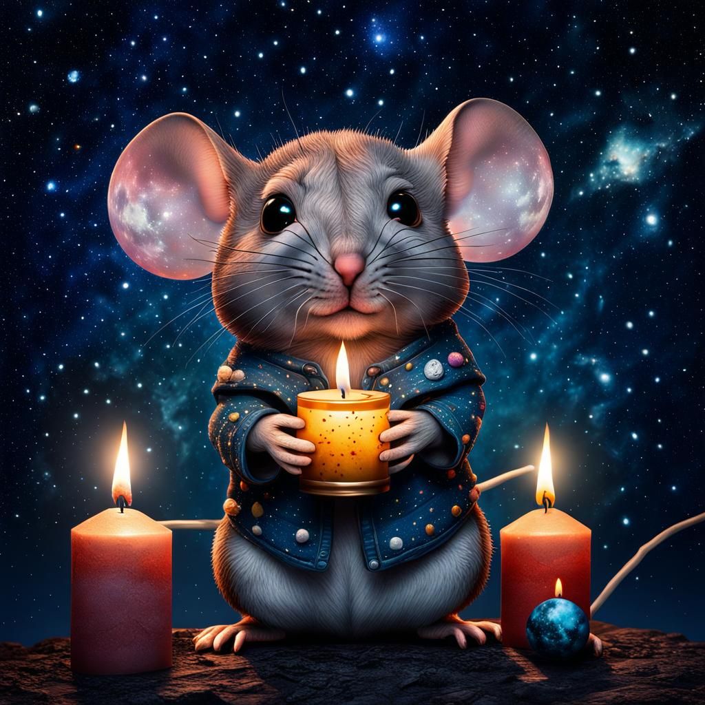 Chibi Mouse with Candle in Starry Night Sky