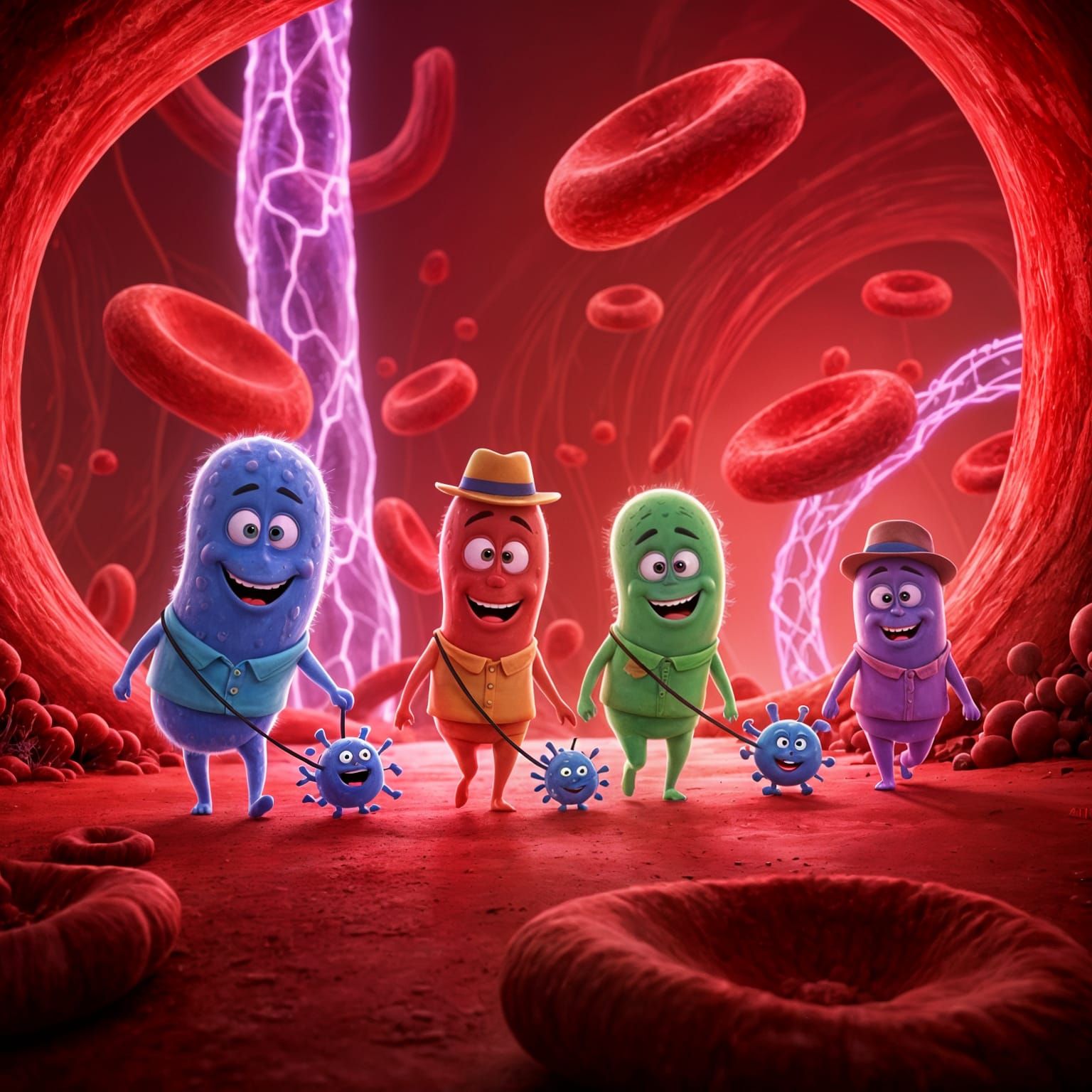 Cartoon Bacteria Walk Viruses in Vibrant Blood Vessel Habita...