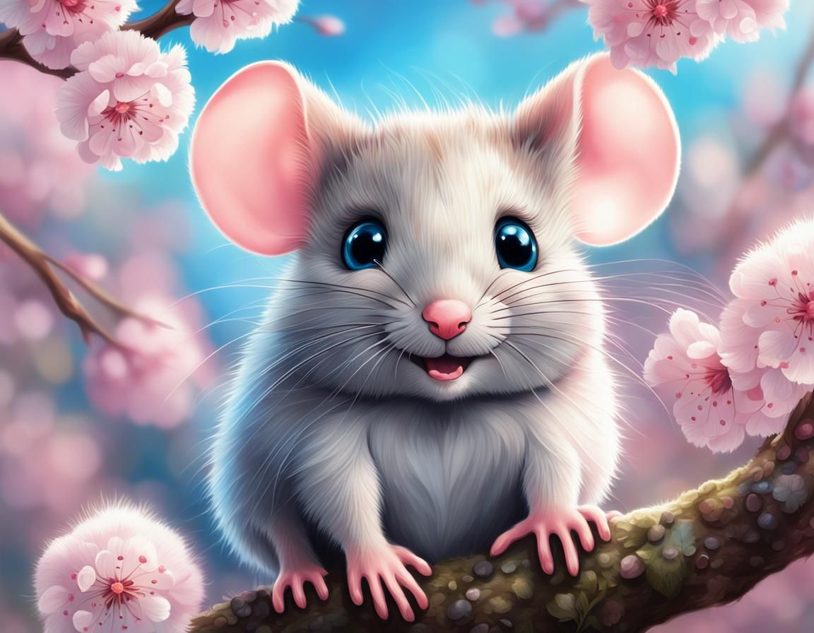 Adorable Mouse in Cherry Blossom Garden
