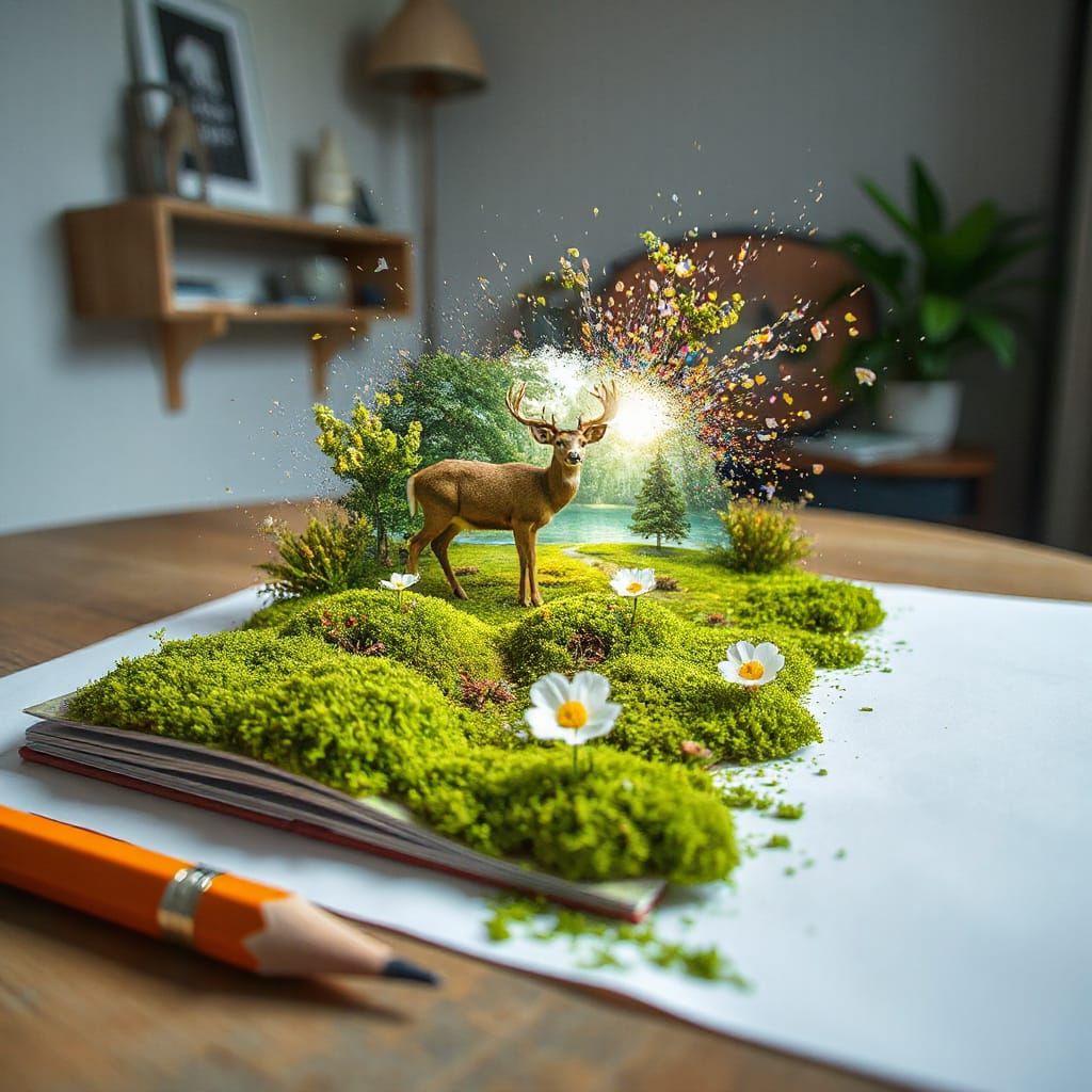 Pencil Tip Explodes Into Fantasy Landscape, 3D Rendering