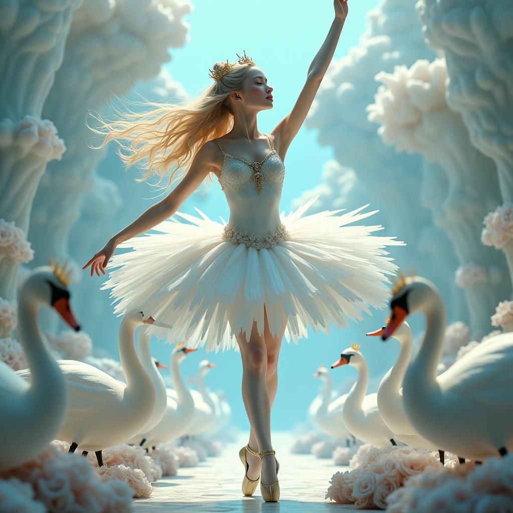 Ethereal Ballerina with Swans in Origami Landscape