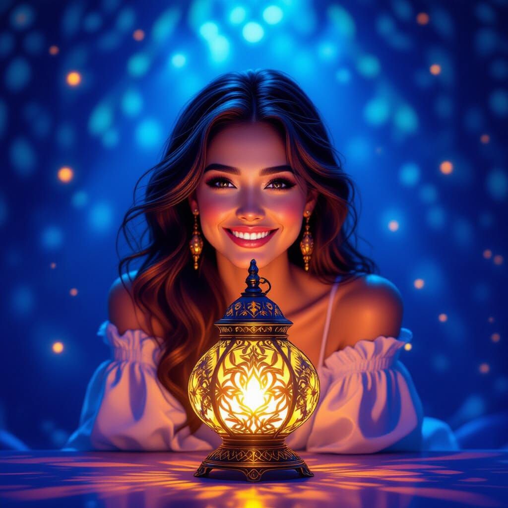 Joyful Woman in Ornate Lamp with Magical Glow
