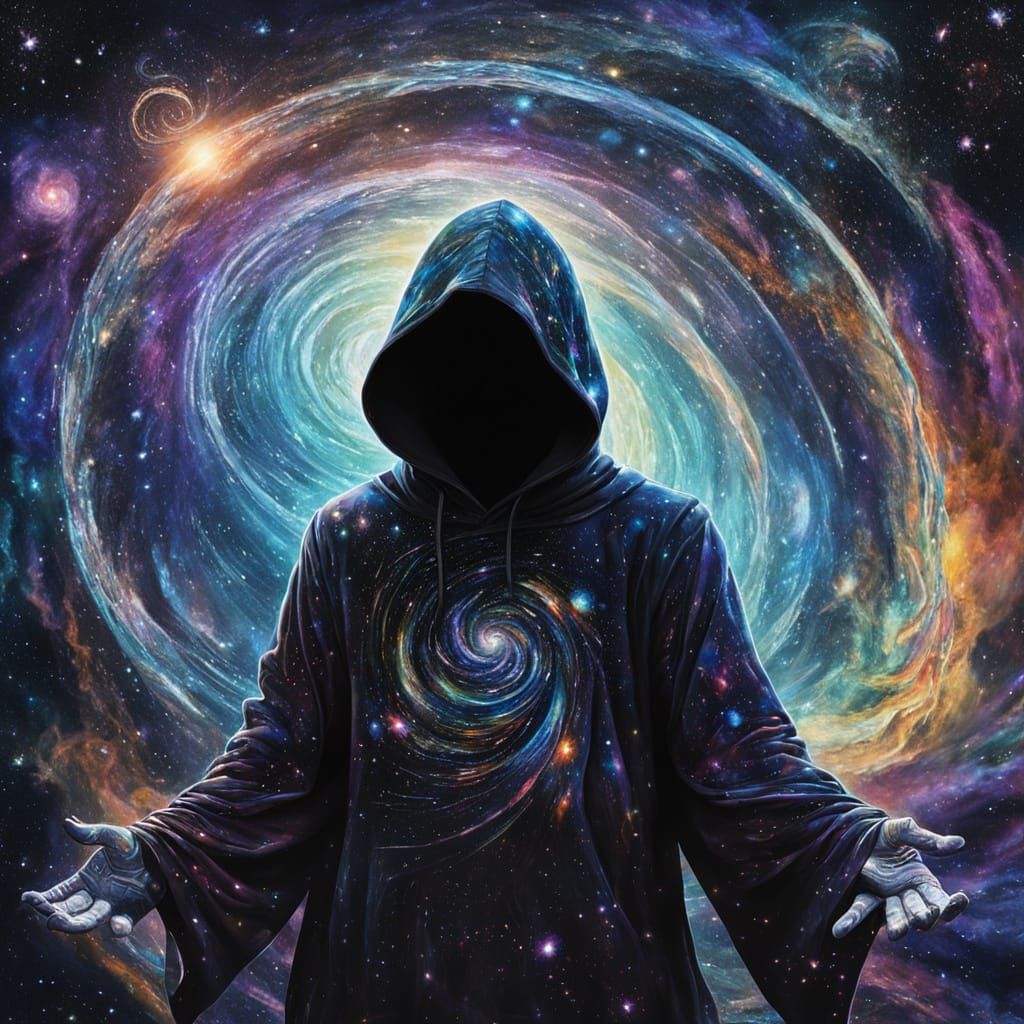 Hooded Cosmic Figure with Galaxy Face