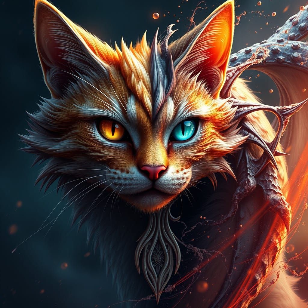 Surreal Fusion of Feline and Dragon Mythologies in a Vibrant...