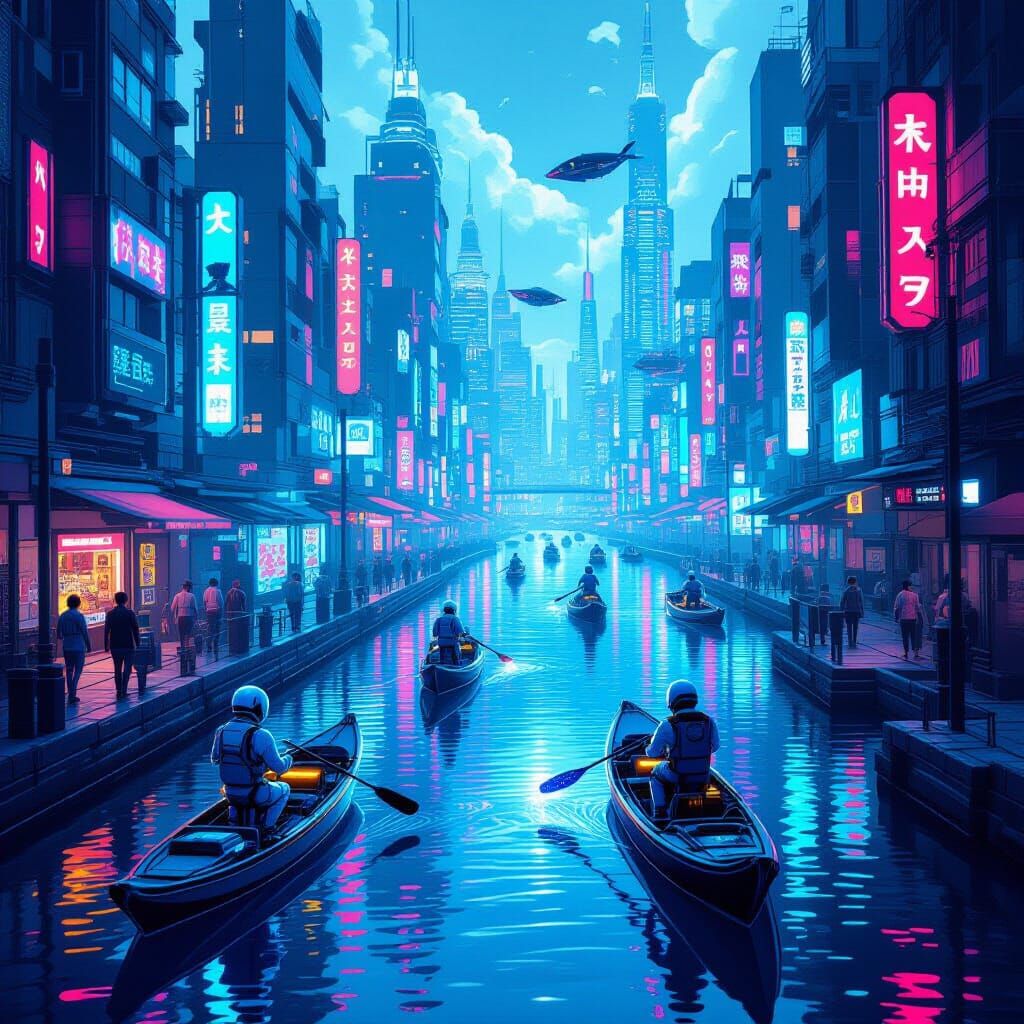 Futuristic City with Robotic Fishers on Neon Canals