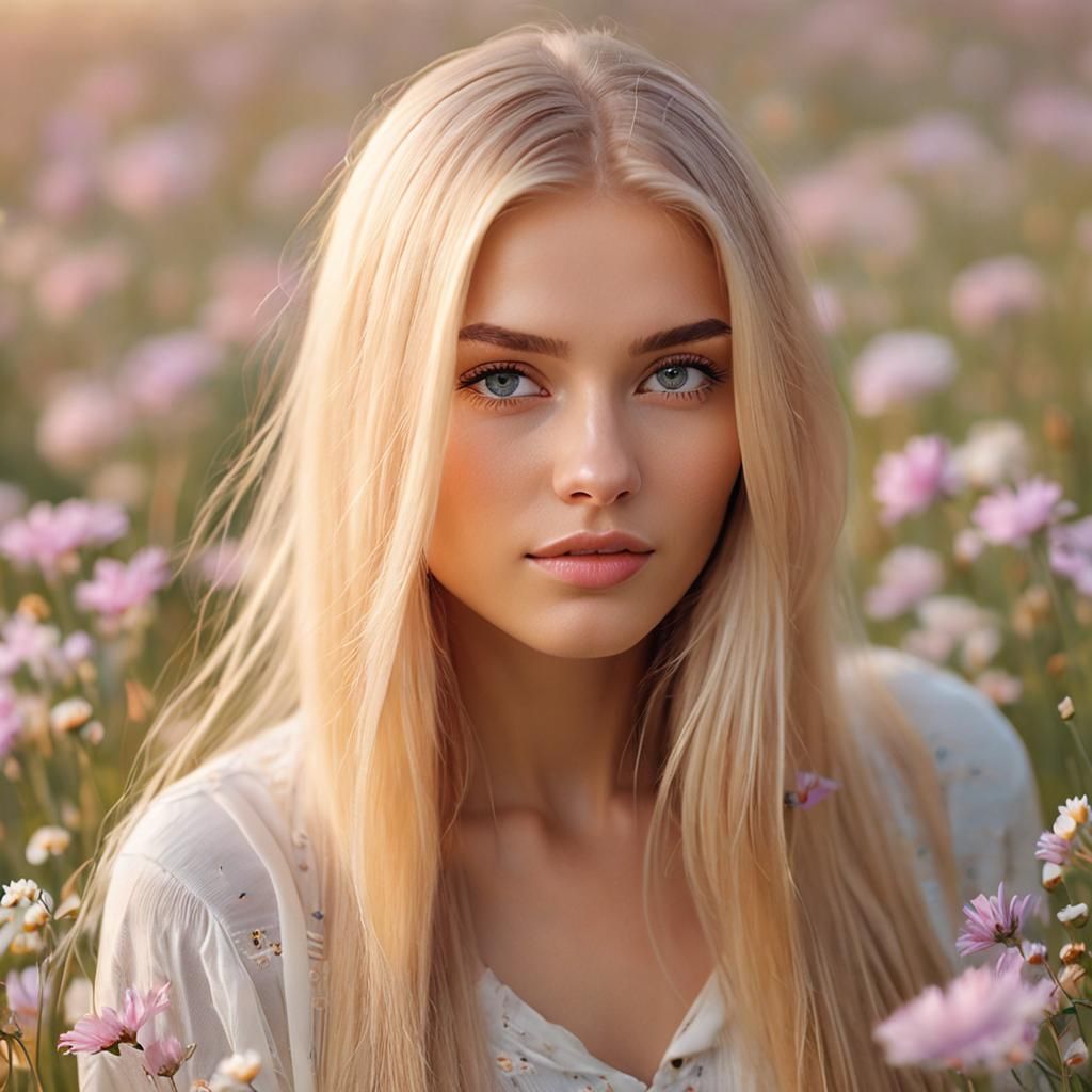 pretty girl with long straight blonde hair in a field