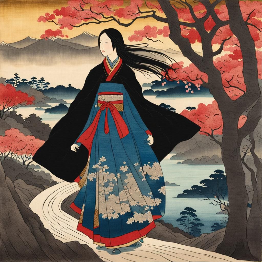 Princess in Misty Forest, Hiroshige Woodblock Print