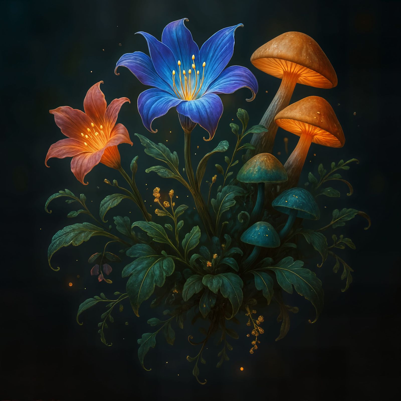 Floating Magic Flowers and Mushrooms in CGI
