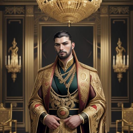 Charismatic Leader in Ornate Hall: An Oil Painting