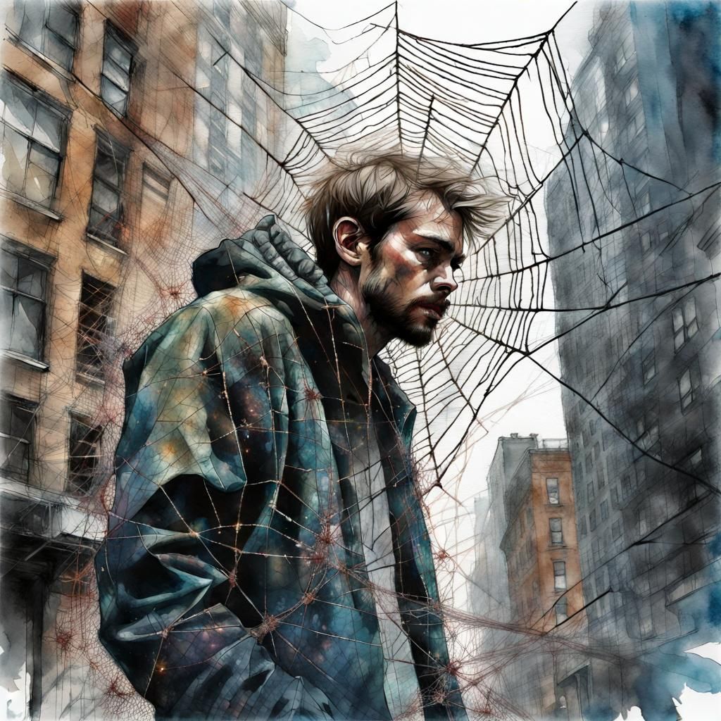 Man Entangled in Spiderweb in New York City