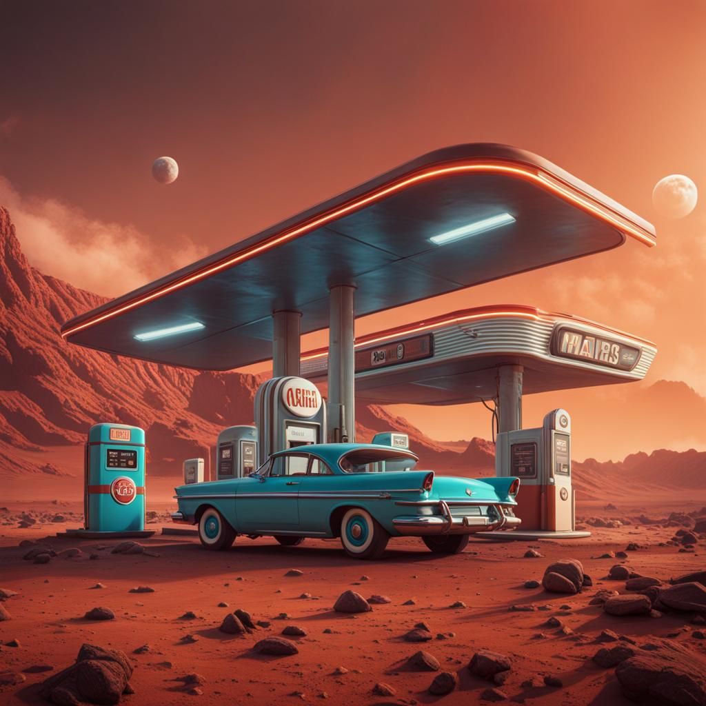 Retro Gas Station on Mars: Detailed Matte Painting