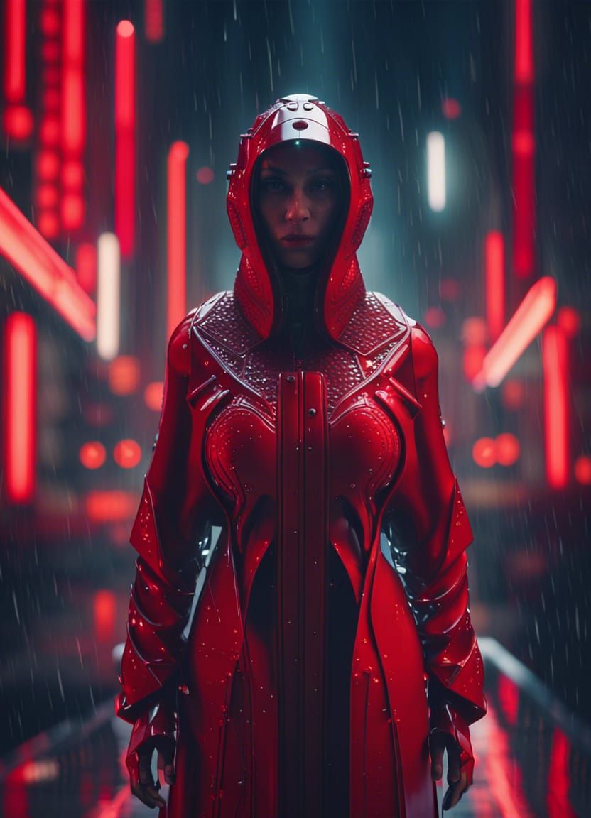 Red Latex Nun in Rainy Futuristic City