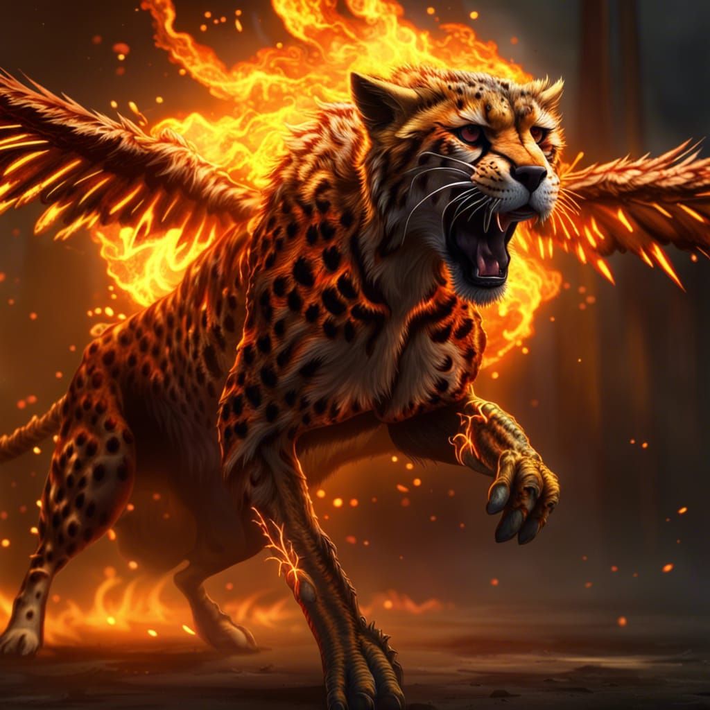Furious Cheetah with Fire Wings, Dark Fantasy Art
