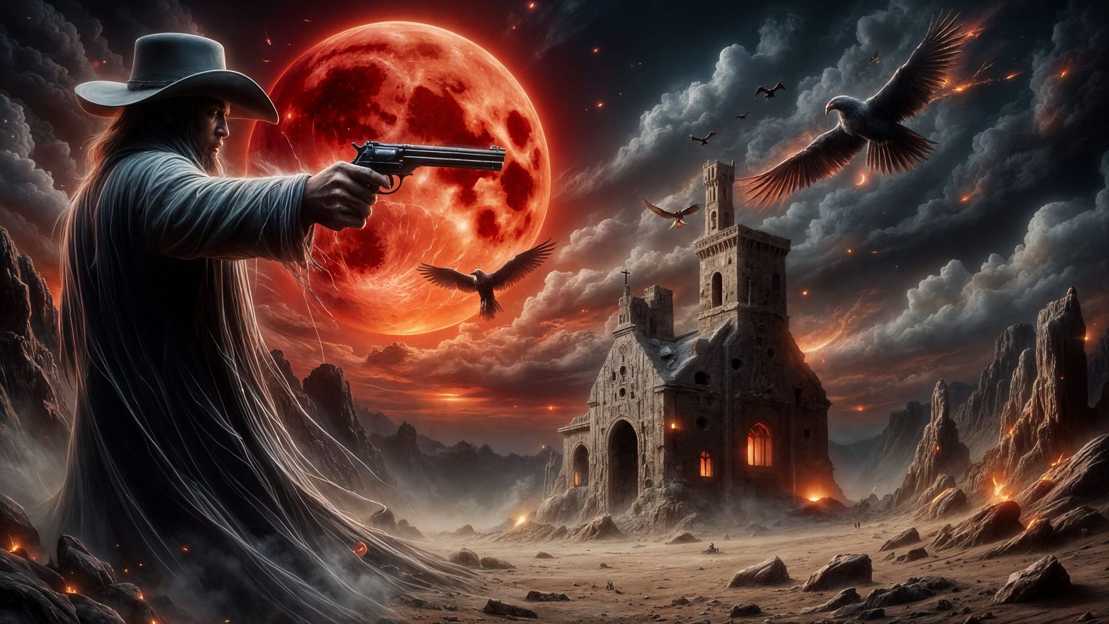 Gunslinger Battles Wraiths Under Red Moon