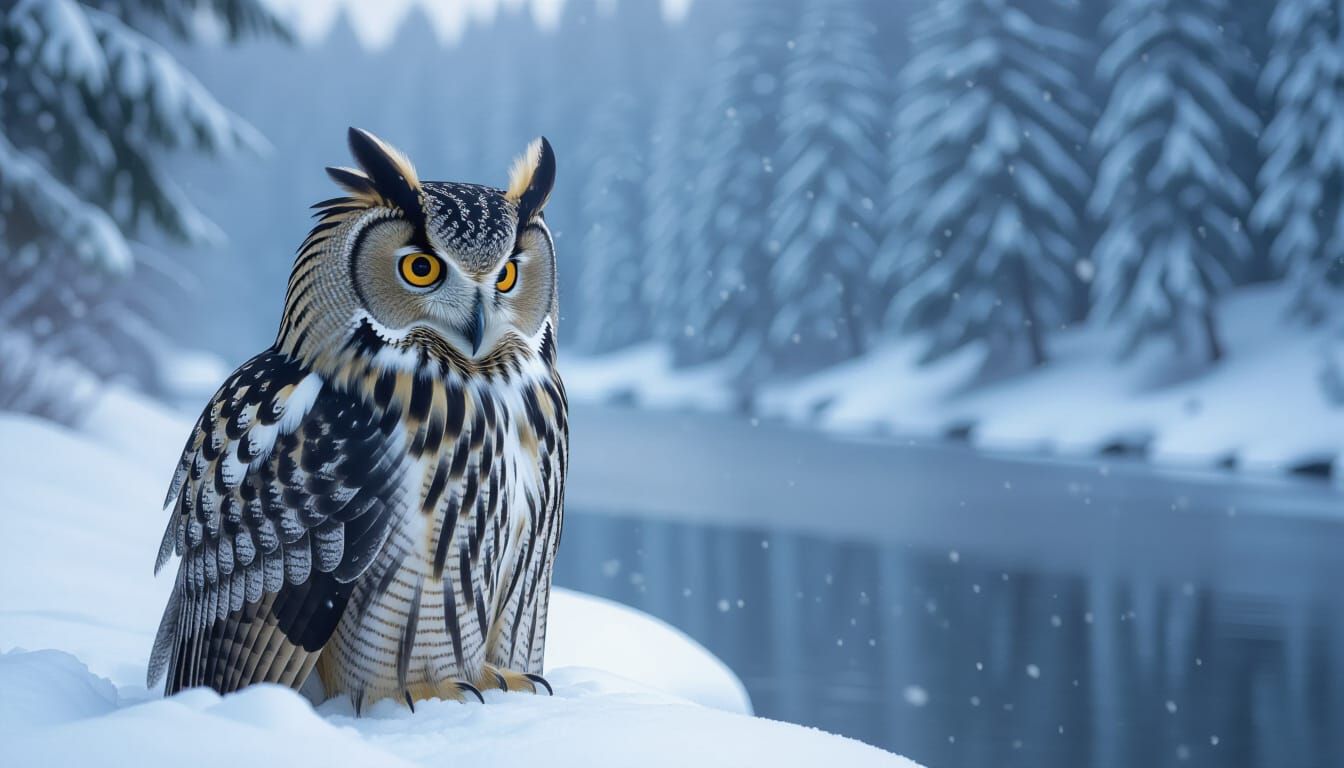 Blakiston's Fish Owl in Winter Forest Scene
