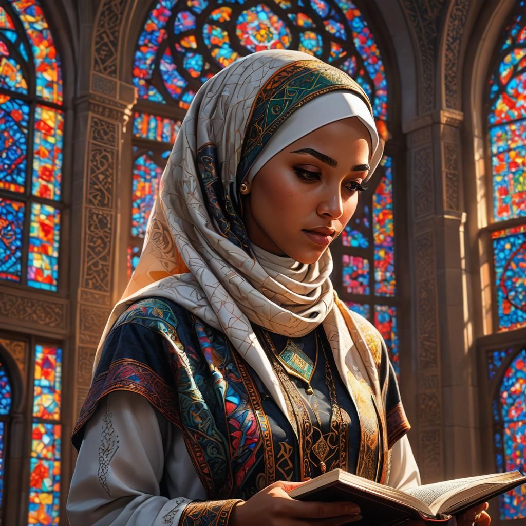 Muslim Girl Reading Quran: Digital Art Masterpiece