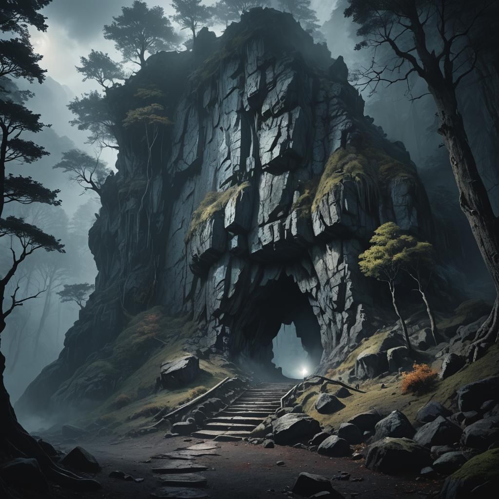 Eerie Mountain Cave Entrance in Dark Fantasy Style