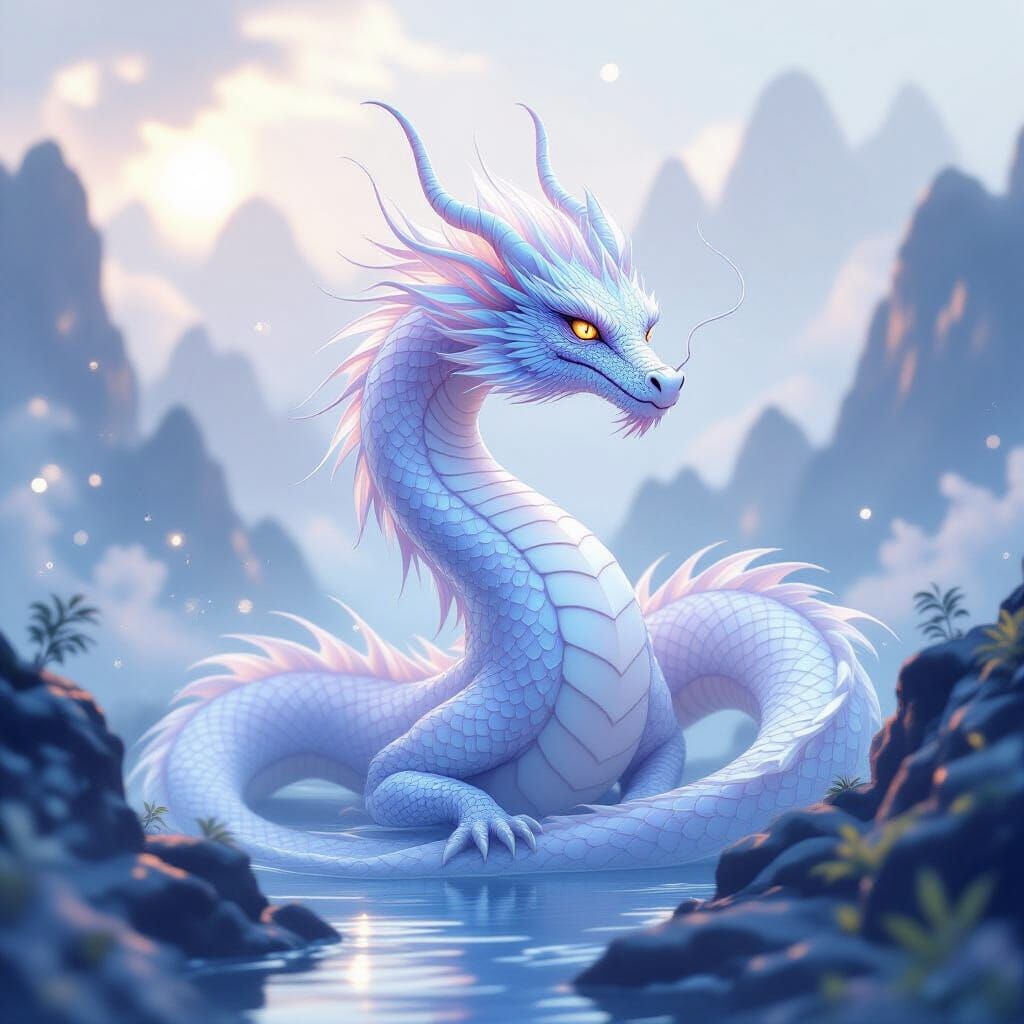 Mystical Translucent Dragon in Dreamy Landscape