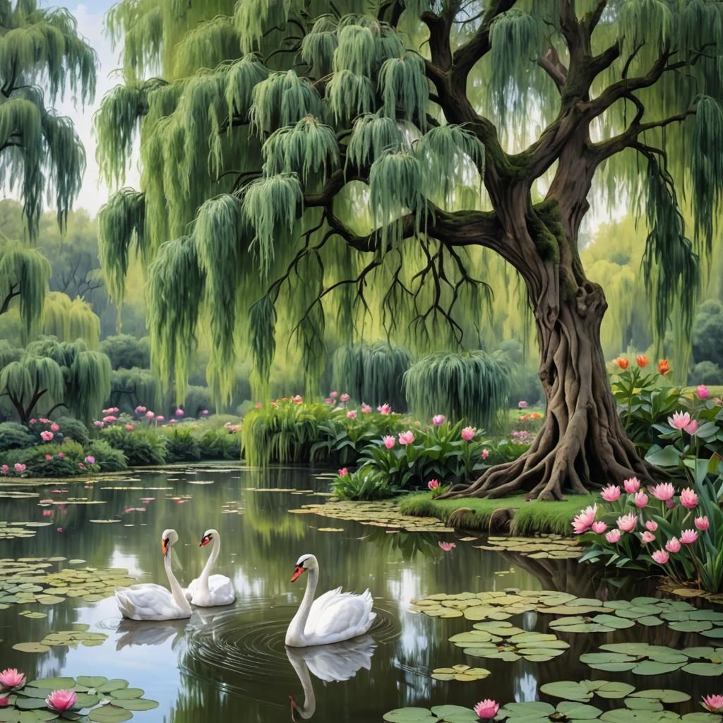 Weeping Willow by Romantic Pond with Swans