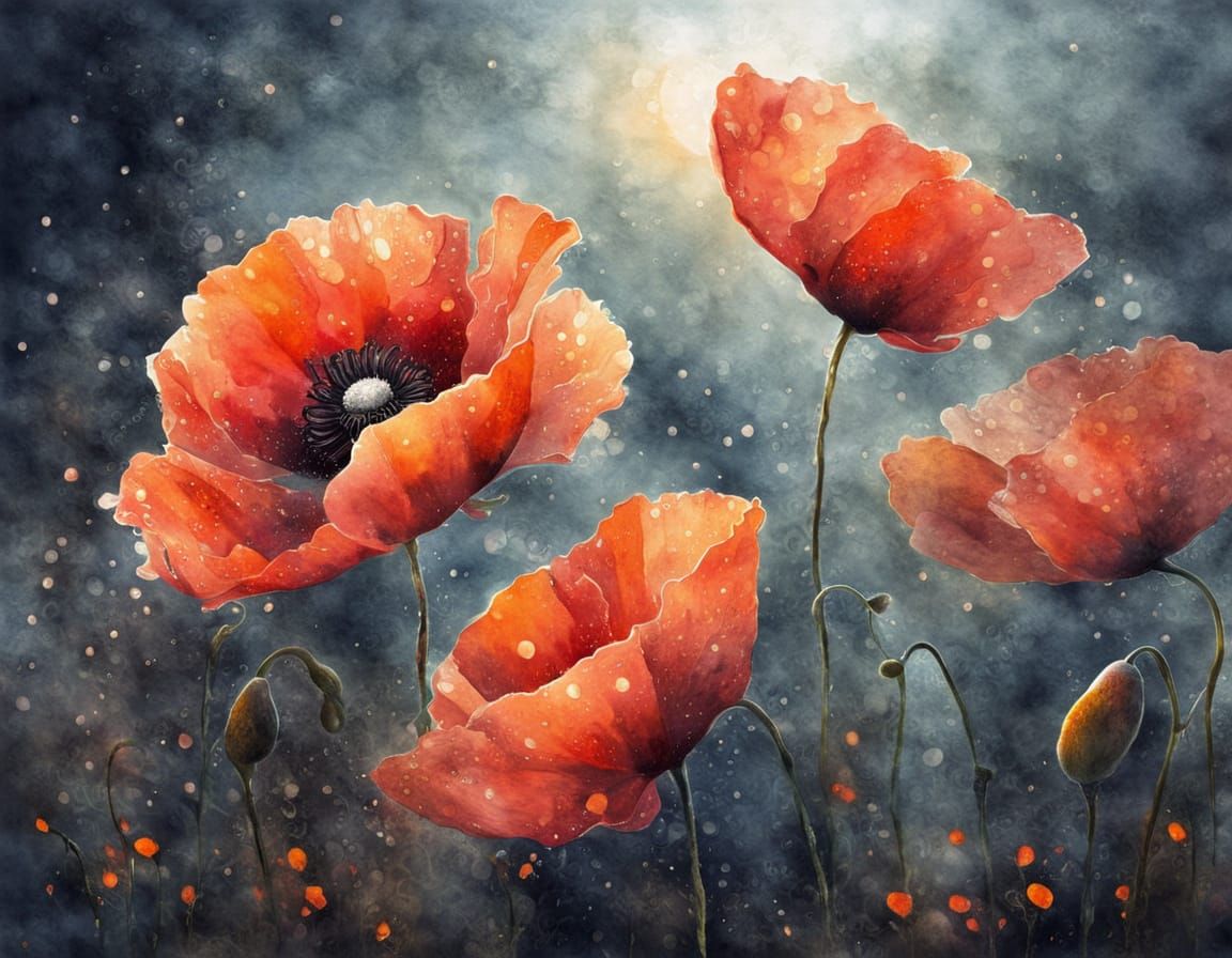 Dreamy Poppies in Moonlight Watercolor Painting