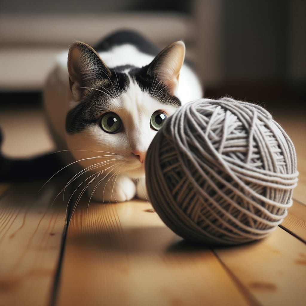 Cat About to Pounce on Yarn Ball