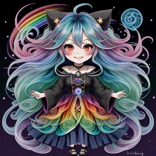 Anime Chibi Witch with Rainbow Hair