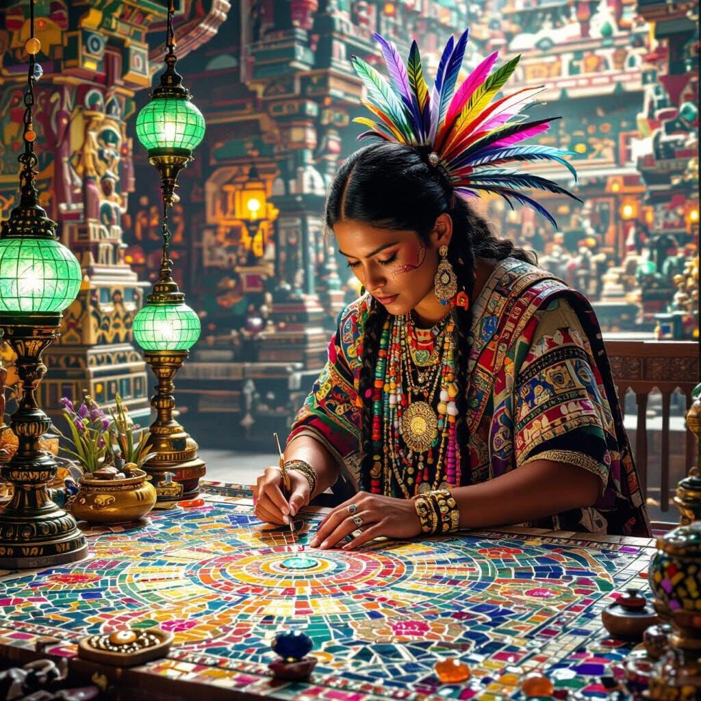 Mexica Artist Crafting Mosaic in Ancient Temple