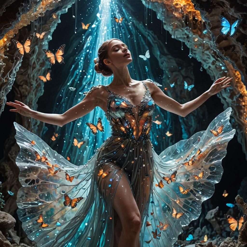 Surreal Dancer in Bioluminescent Crystal Cavern