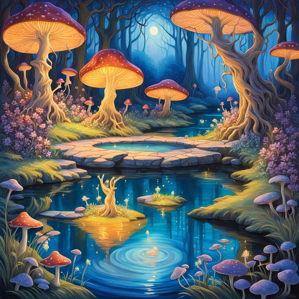 Enchanted Fantasy Landscape with Glowing Flora