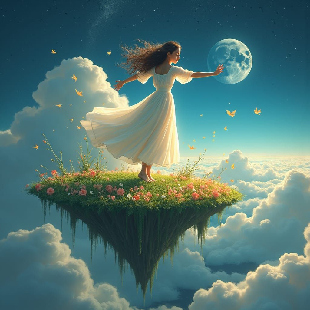Woman Floats Amidst Magical Floating Island