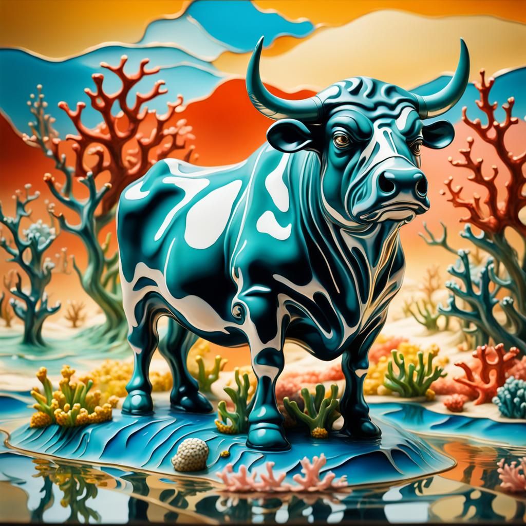 Surreal Bull Figurine in Coral Reef