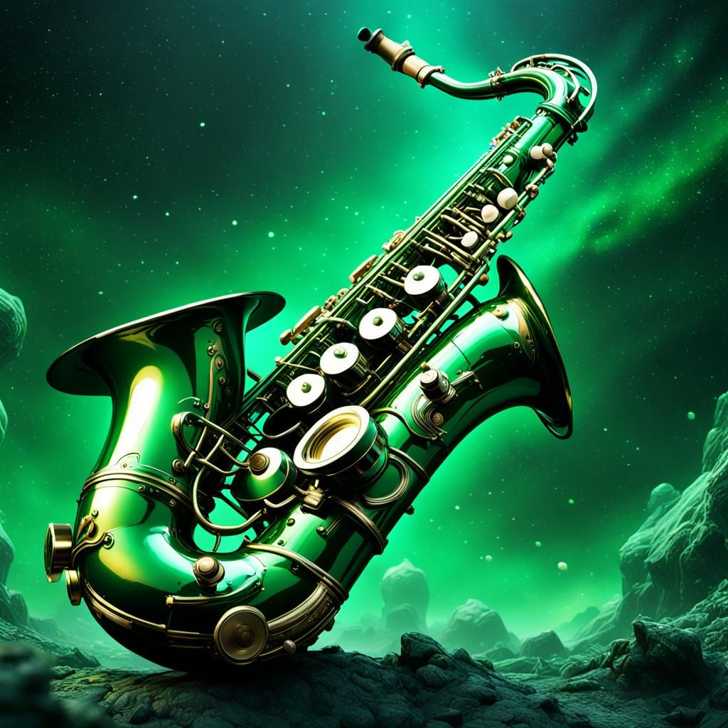 Cosmic Saxophone in Detailed Matte Painting Style