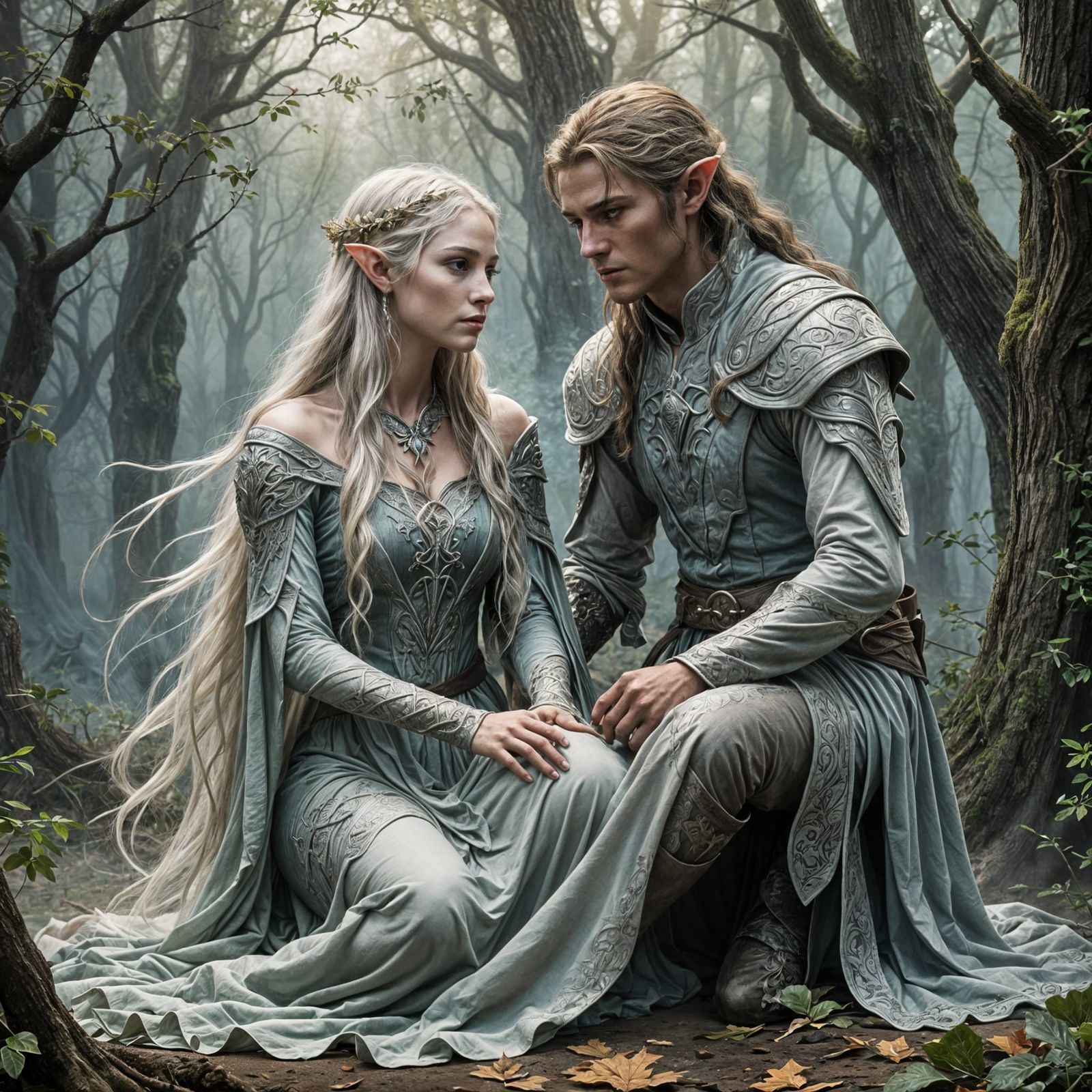 Ghost wispy smoky beautiful elven female kneeling in front o...