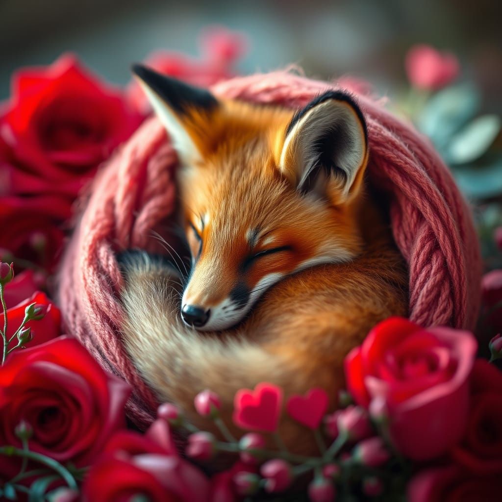 Cute sleeping fox with hearts and red roses
