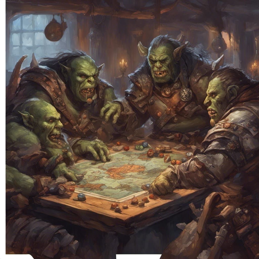 Orcs Playing Dungeons and Dragons: Hyperrealistic Splash Art