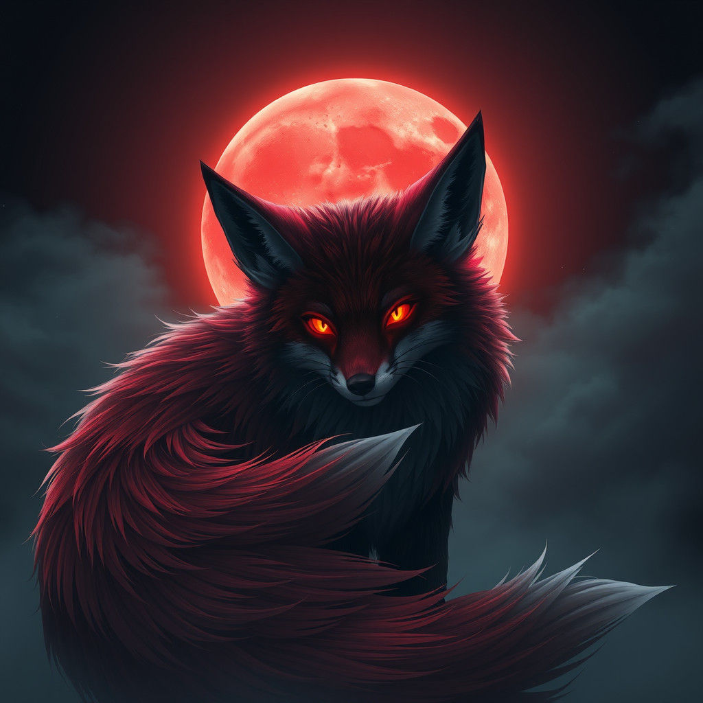Majestic Nine-Tailed Fox Against Blood Moon