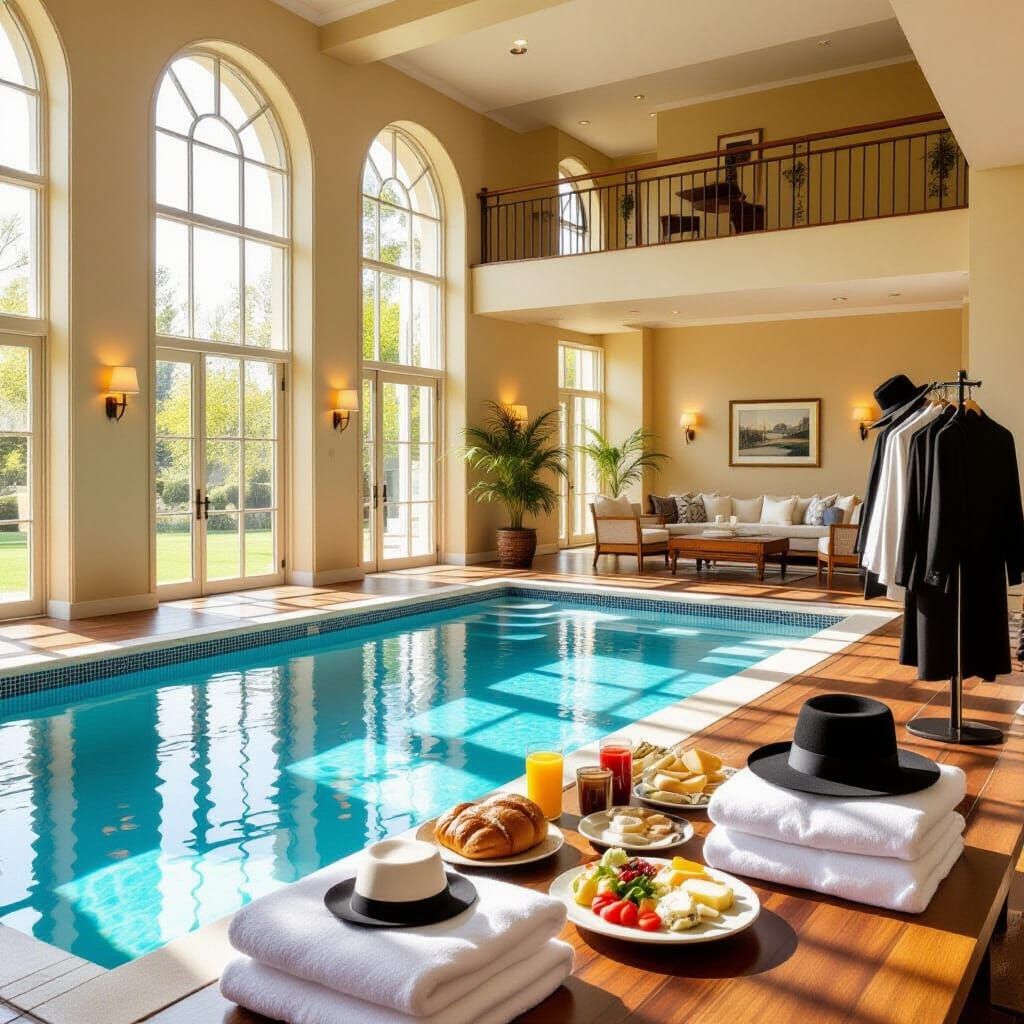 Luxurious Indoor Pool with Breakfast in Cinematic Lighting