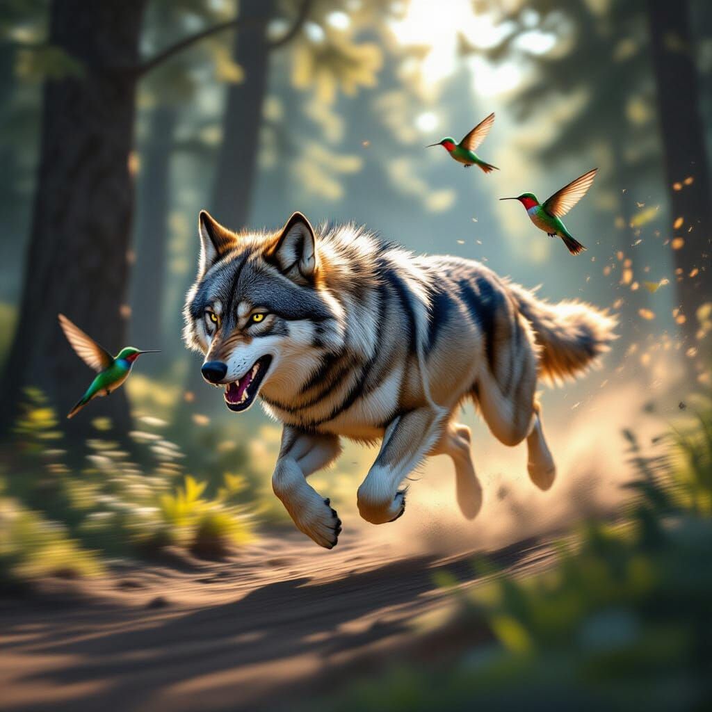 Wolf Sprinting Through Forest in Photorealistic Style